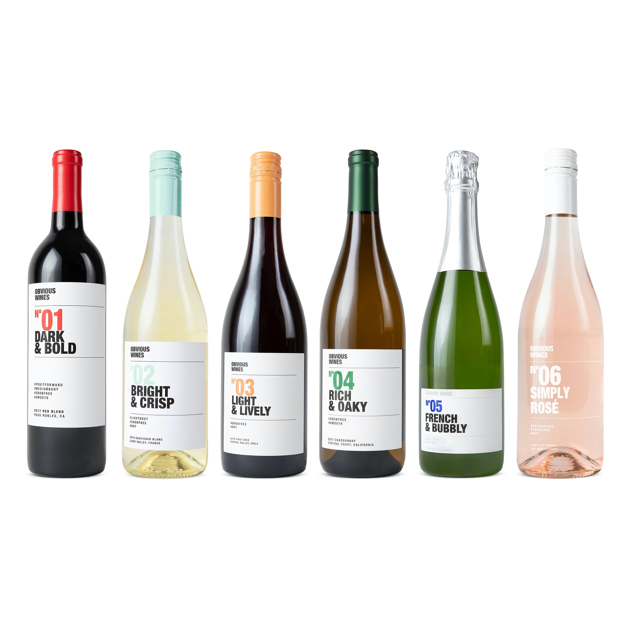 6 Obvious Wines bottles, 1 Dark & Bold, 1 Bright & Crisp, 1 Light & Lively, 1 Rich & Oaky, 1 French & Bubbly, 1 Simply Rosé