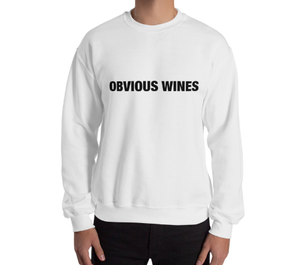 White sweater with the text Obvious Wines on the front