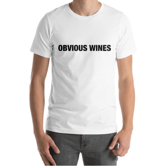 White short sleeve t-shirt with the text Obvious Wines on the front