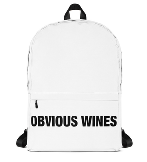 White backpack with the text Obvious Wines on the front