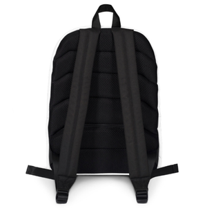 The backside of the backpack, made up of black cushion material