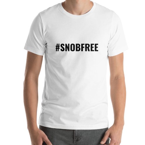 White short sleeve t-shirt with the text #snobfree on the front